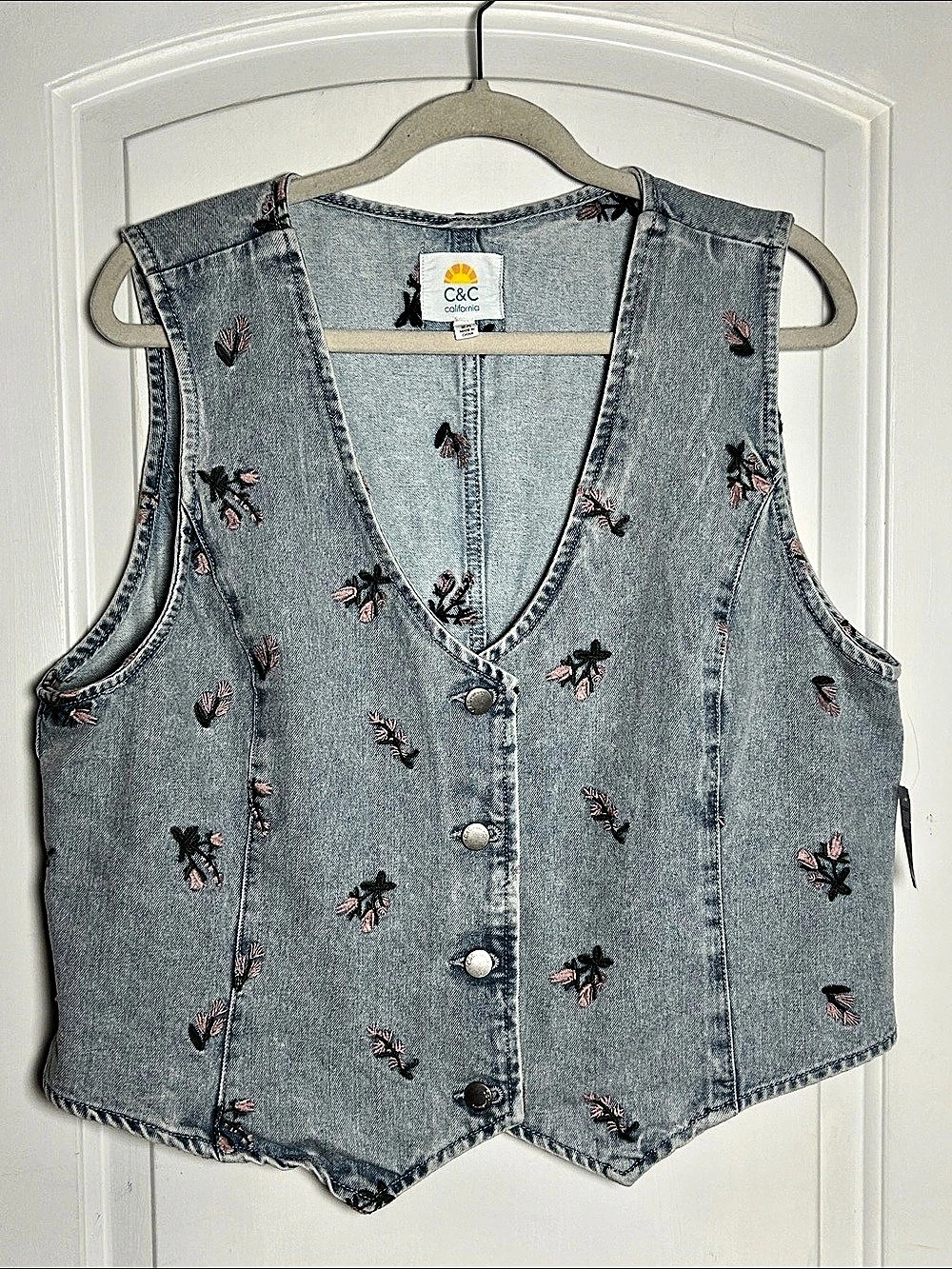 C&C California Floral Embroidered Denim Vest Blue & Pink 2X